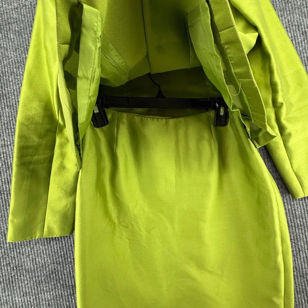 Talbots Skirt Suit Women Size 4 Lime Green Excellent Silk Cotton Peplum Blazer